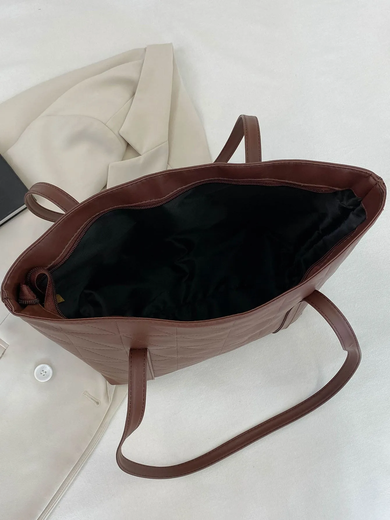 Geometric Embossed Shoulder Tote Bag - Brown- FD ⚡