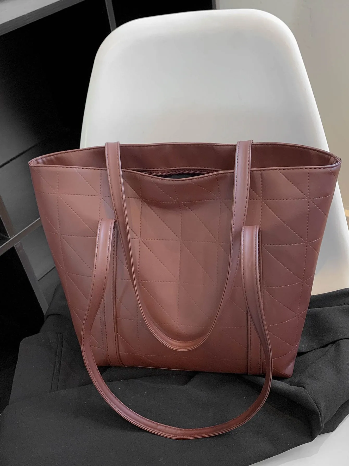 Geometric Embossed Shoulder Tote Bag - Brown- FD ⚡