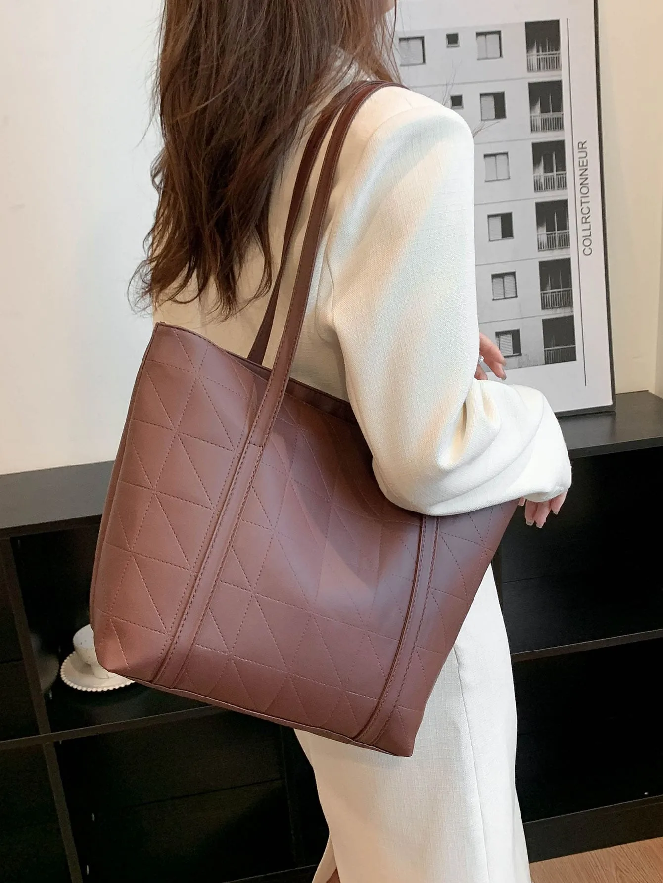 Geometric Embossed Shoulder Tote Bag - Brown- FD ⚡