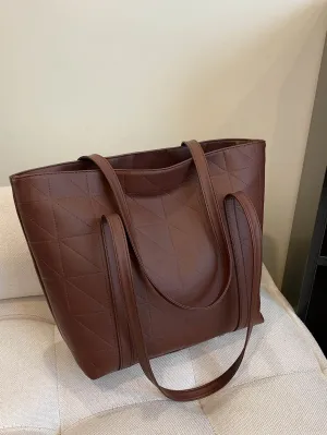 Geometric Embossed Shoulder Tote Bag - Brown- FD ⚡
