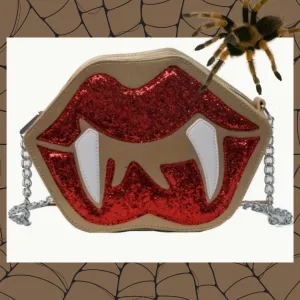 Golden PU Leather with Glitter Sequins Red Lips and White Vampire Fangs Crossbody Bag