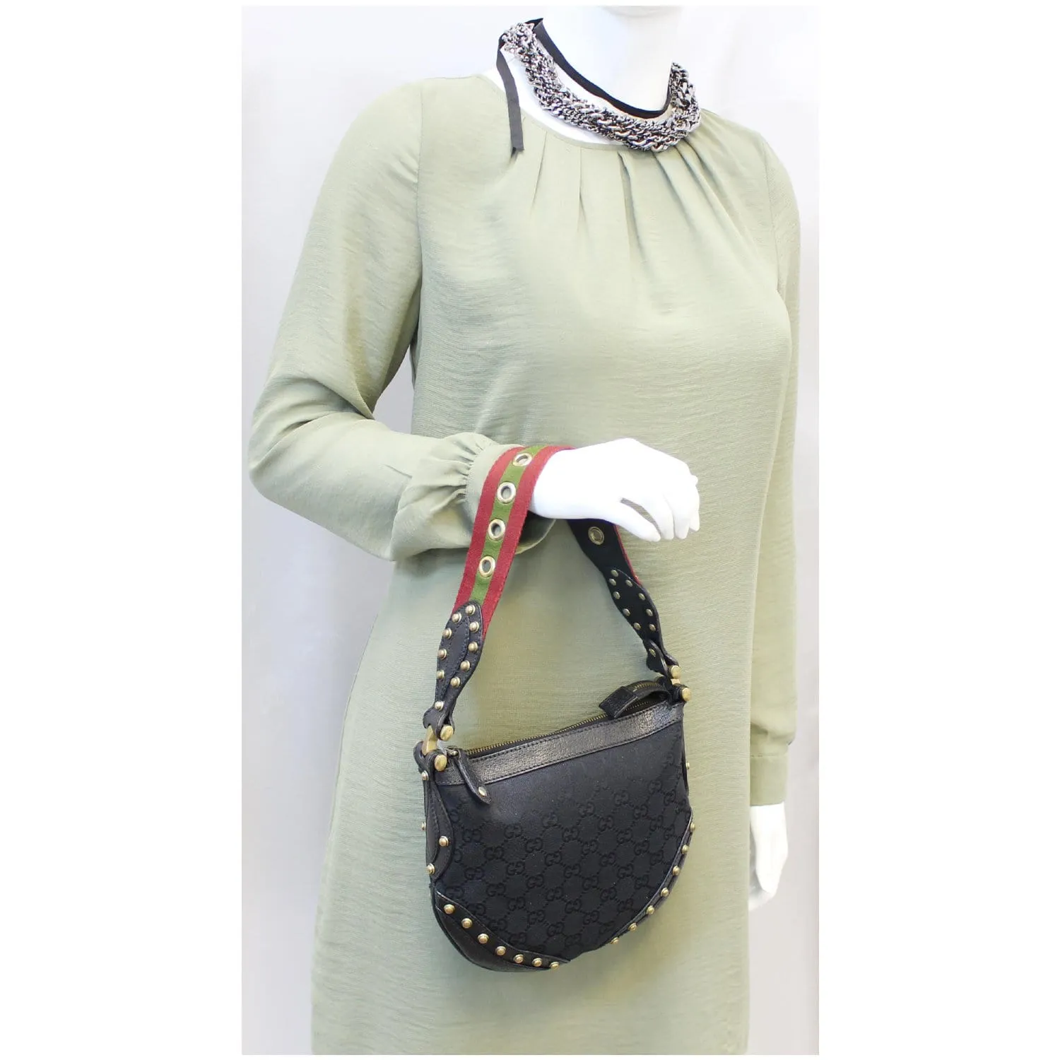Gucci Pelham Small GG Canvas Studded Shoulder Bag Black