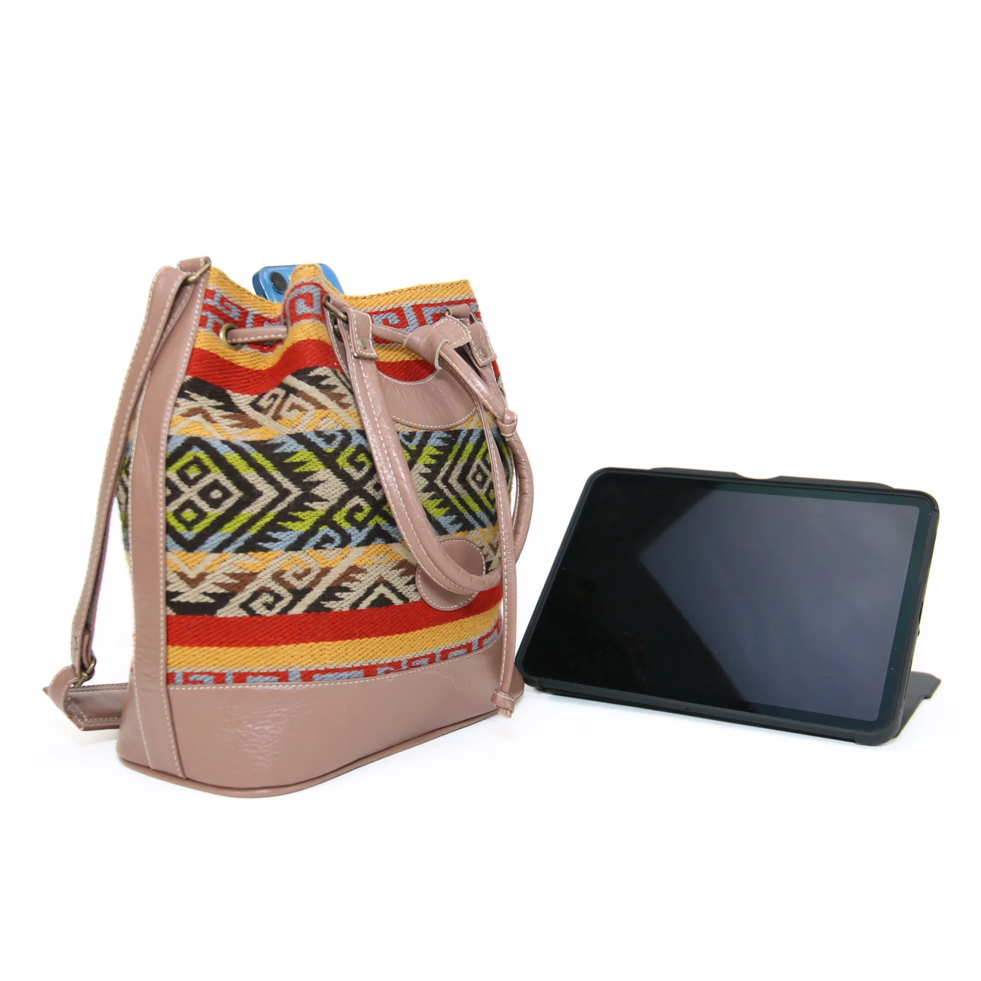 Handbag w/ Cream Leather (Geometric Indigenous Designs)