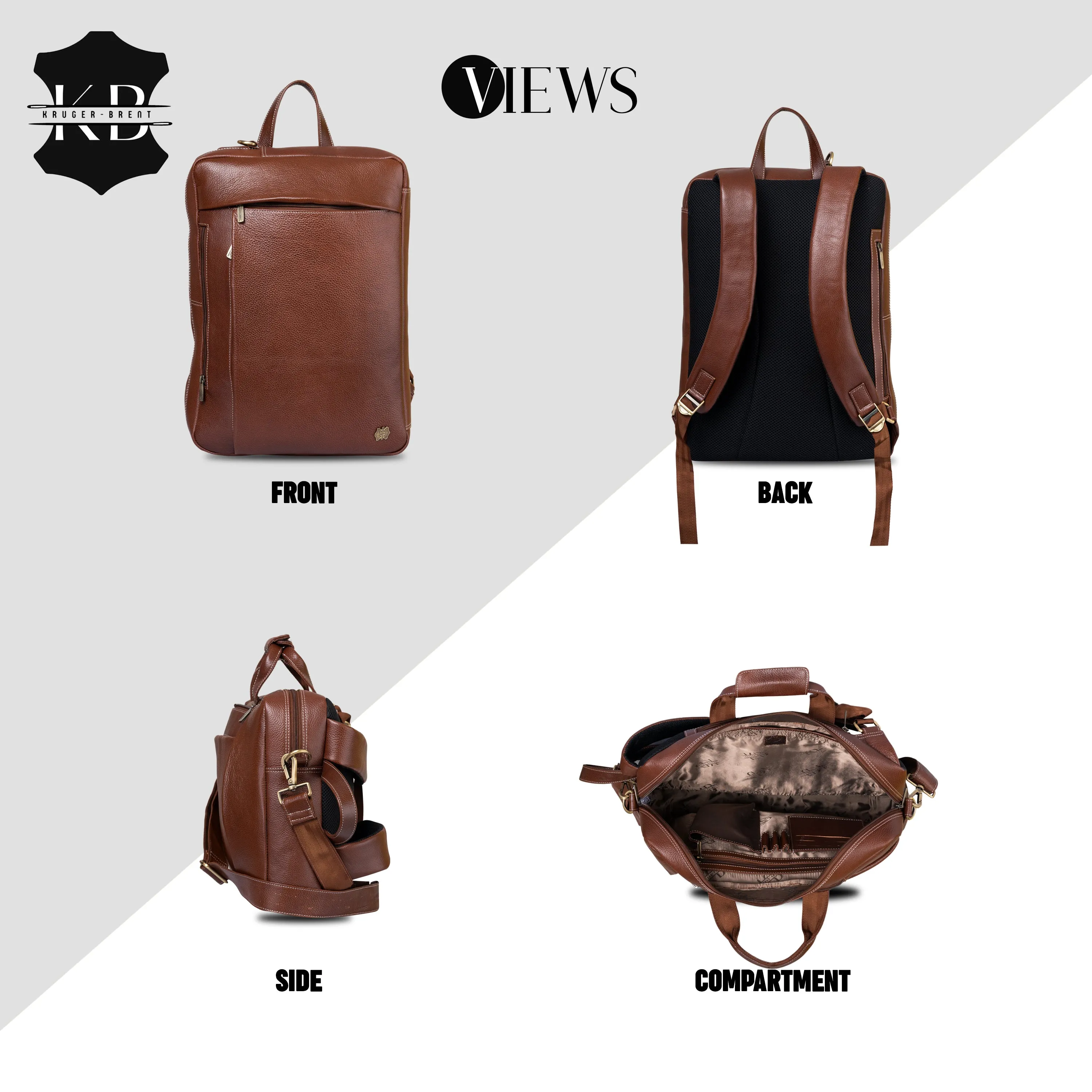Kuger-Brent Pyramus Cognac Genuine Leather Unisex Backpack Messenger Bag