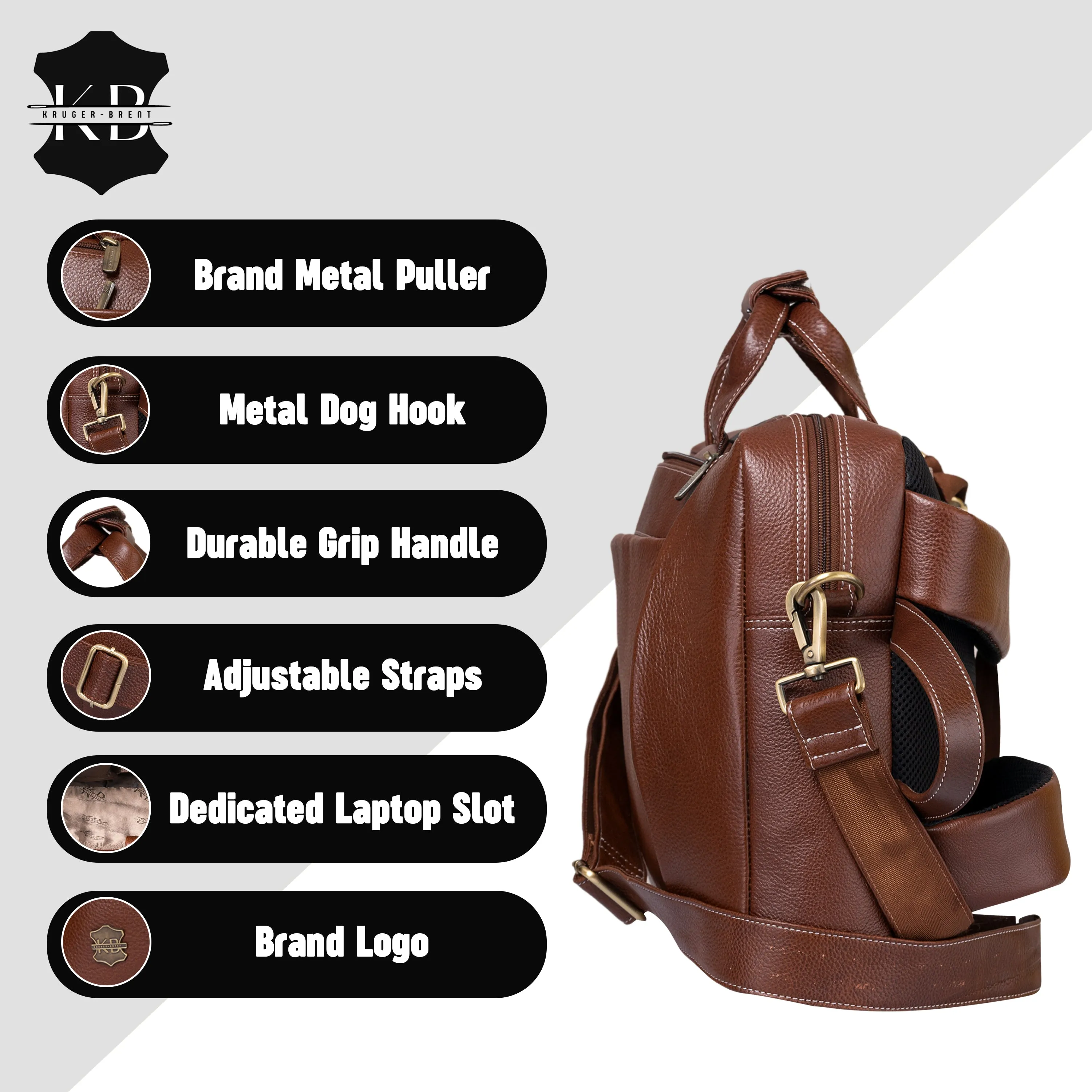 Kuger-Brent Pyramus Cognac Genuine Leather Unisex Backpack Messenger Bag