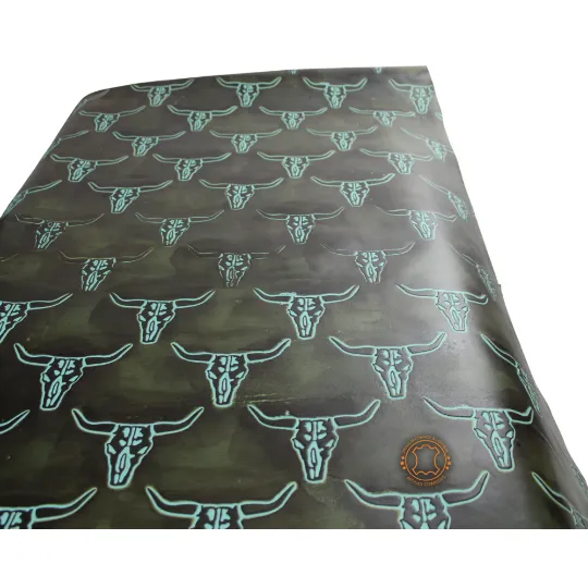 LONGHORN EMBOSSED LEATHER Olive Turquoise |  12"x12 12"x18", 12"x24" Precuts