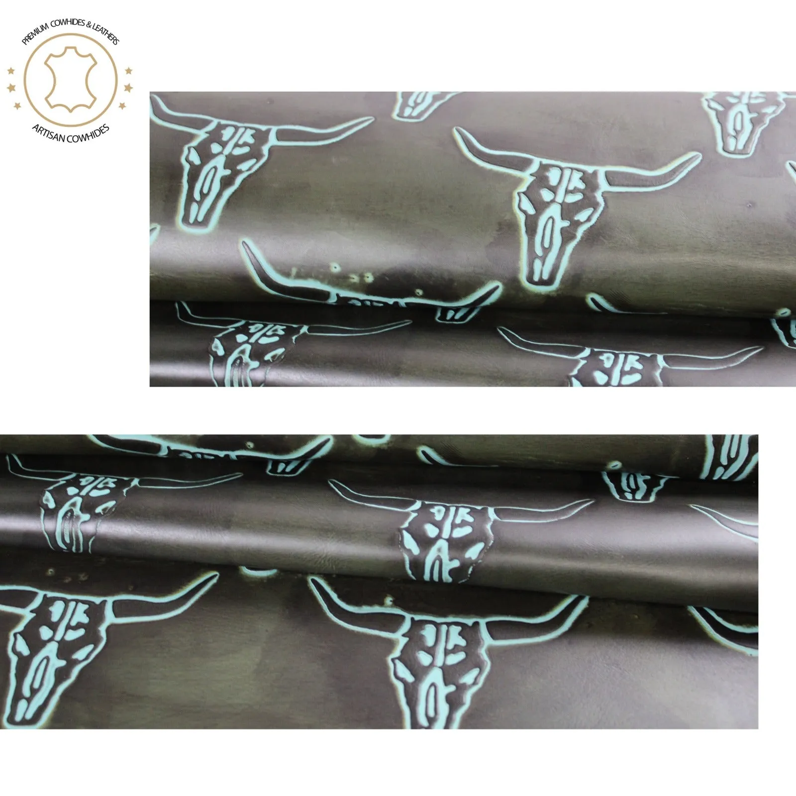 LONGHORN EMBOSSED LEATHER Olive Turquoise |  12"x12 12"x18", 12"x24" Precuts