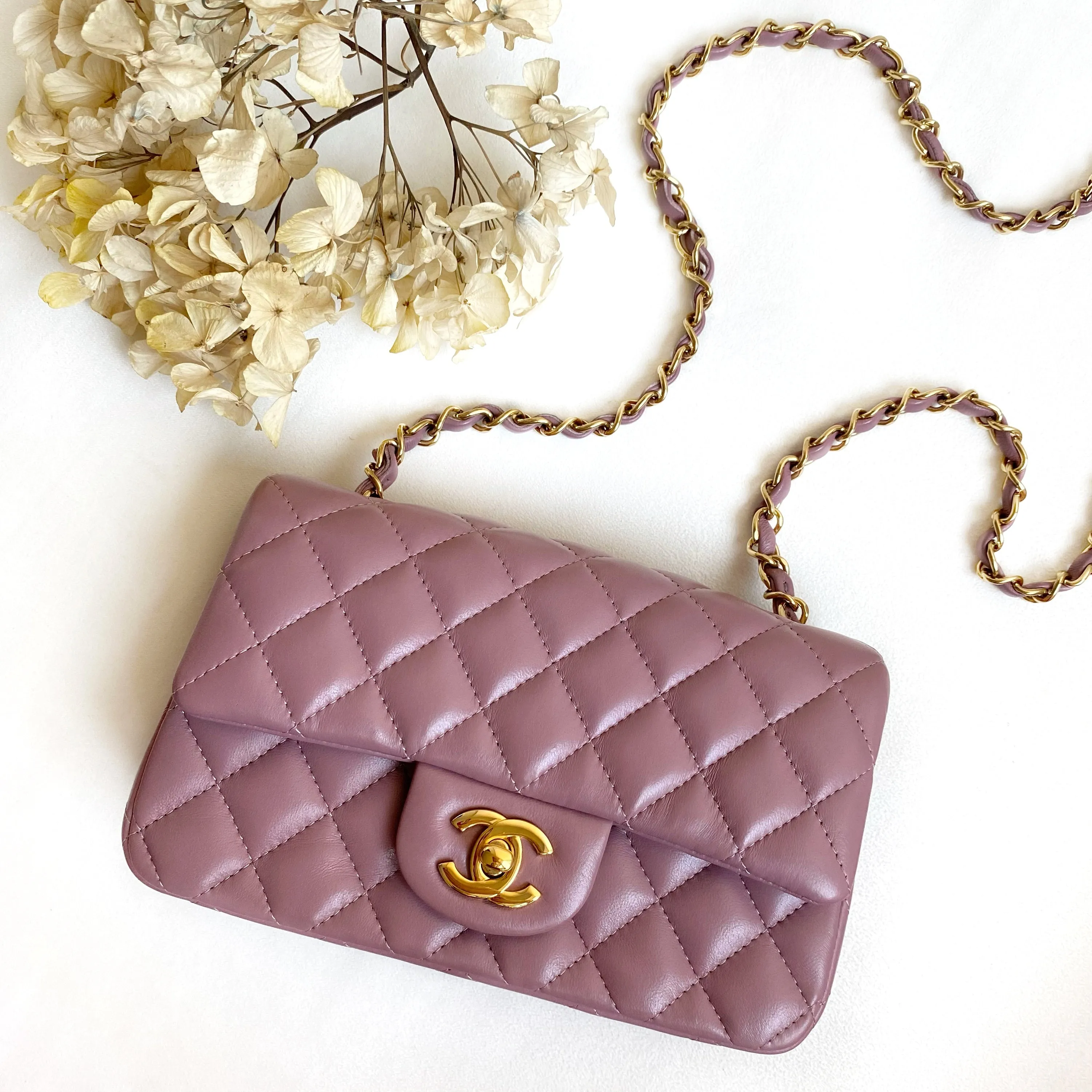 Mini Rectangular Flap Bag in Mauve Pink Lambskin