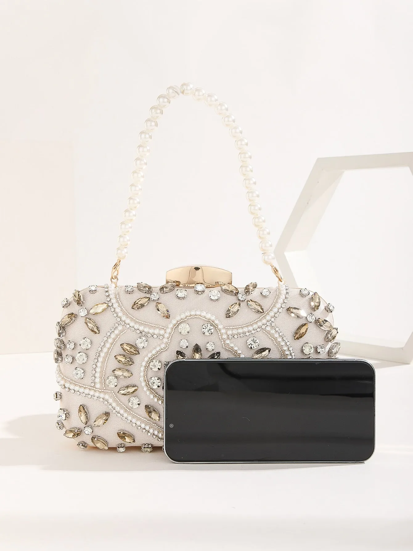 Mini Rhinestone & Faux Pearl Decor Box Bag