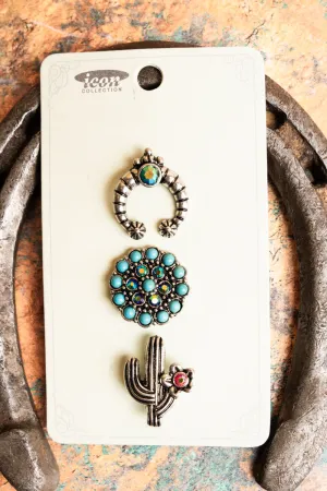 Naja, Concho and Cactus Turquoise Silvertone Pin Set