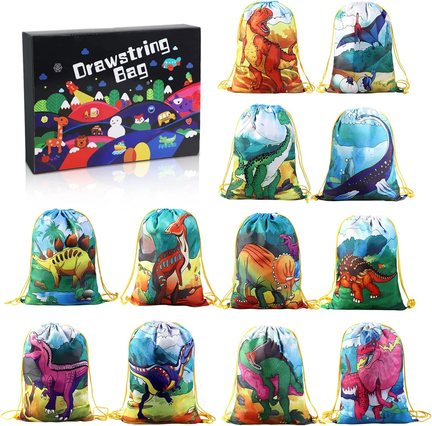 NEW 12 PCS Kids Dinosaur Party Favor Bags for Birthday Party Gift Package, Animal Drawstring Bag Cartoon Dinosaur Birthday Treat Bags, Dinosaur Goody Bag Gift Pouch for Kids Boys and Girls Party