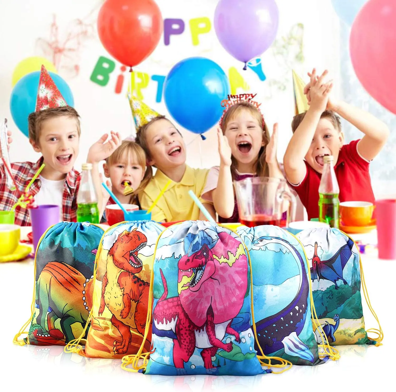 NEW 12 PCS Kids Dinosaur Party Favor Bags for Birthday Party Gift Package, Animal Drawstring Bag Cartoon Dinosaur Birthday Treat Bags, Dinosaur Goody Bag Gift Pouch for Kids Boys and Girls Party