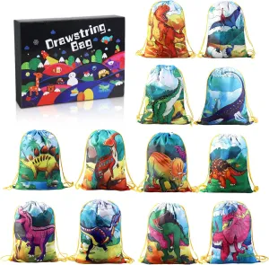 NEW 12 PCS Kids Dinosaur Party Favor Bags for Birthday Party Gift Package, Animal Drawstring Bag Cartoon Dinosaur Birthday Treat Bags, Dinosaur Goody Bag Gift Pouch for Kids Boys and Girls Party