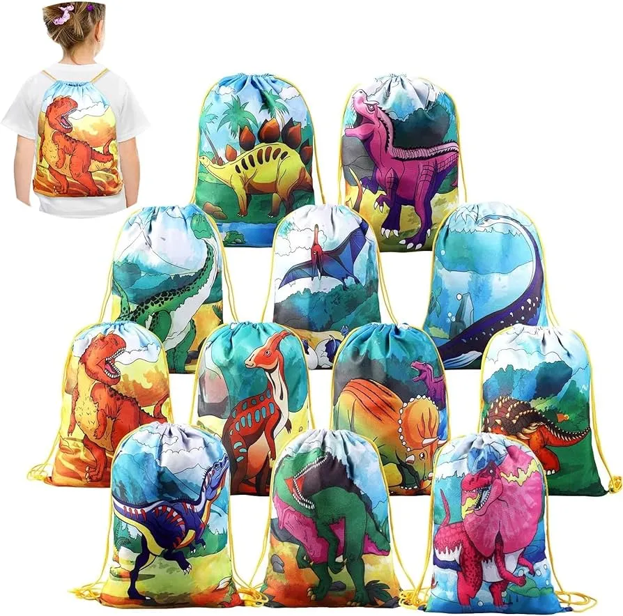 NEW 12 PCS Kids Dinosaur Party Favor Bags for Birthday Party Gift Package, Animal Drawstring Bag Cartoon Dinosaur Birthday Treat Bags, Dinosaur Goody Bag Gift Pouch for Kids Boys and Girls Party