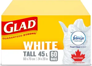 New Glad White Garbage Bags - Tall 45 Litres - Febreze Fresh Clean Scent, 60 Trash Bags