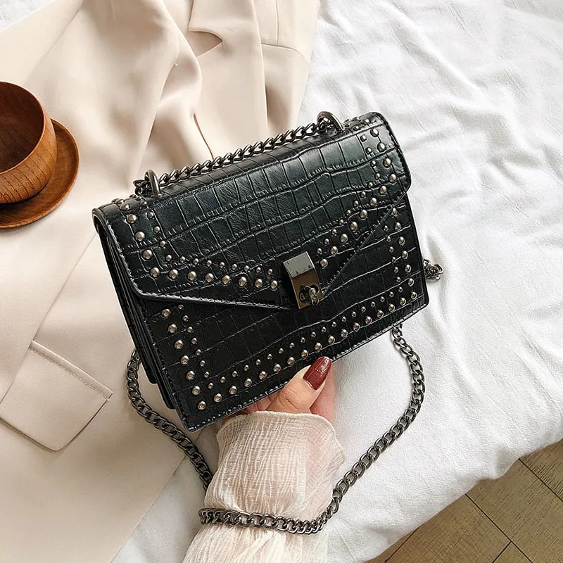 New Luxury Fashion Small Crossbody Bags Ladies Alligator PU Leather Shoulder Messenger Rivet Bag Black