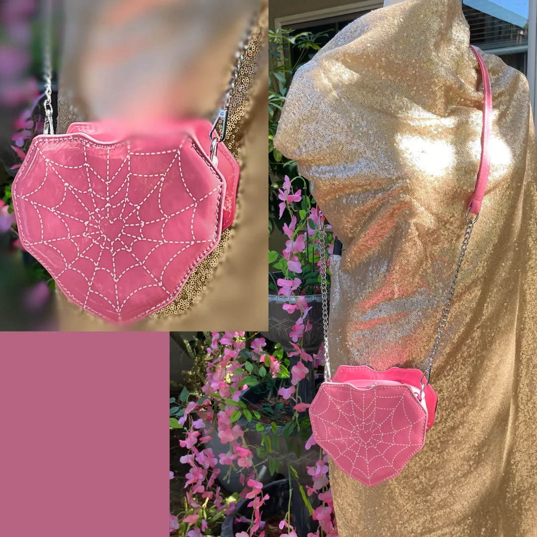 PINK with White Stitched Detailed Heart Shaped Spider Web Patent Crossbody Bag