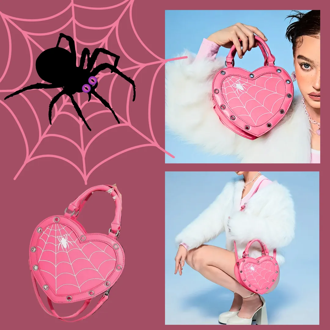 PINK with White Stitched Detailing Heart Shaped Spider & Spider Web Handbag/Crossbody Bag