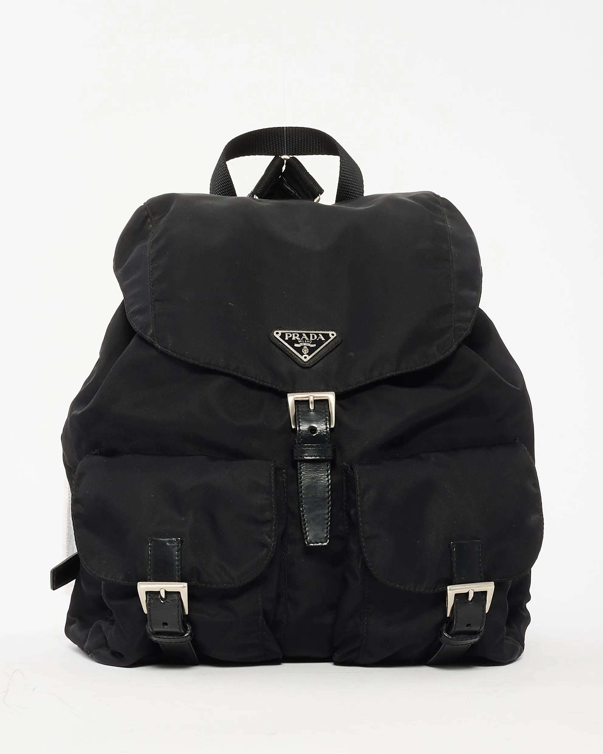Prada Black Nylon Double Front Pocket Drawstring Backpack