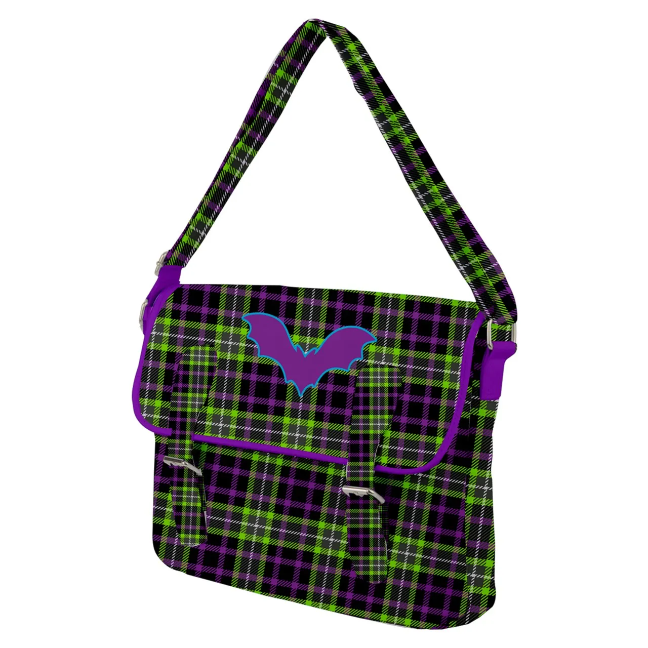 Purple Green Plaid with Purple Bat Buckle Messenger Bag