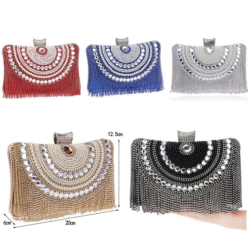 Rhinestones Tassel Clutch Diamonds Beaded Metal Evening Bags Chain Shoulder Messenger Purse