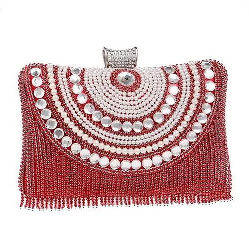 Rhinestones Tassel Clutch Diamonds Beaded Metal Evening Bags Chain Shoulder Messenger Purse