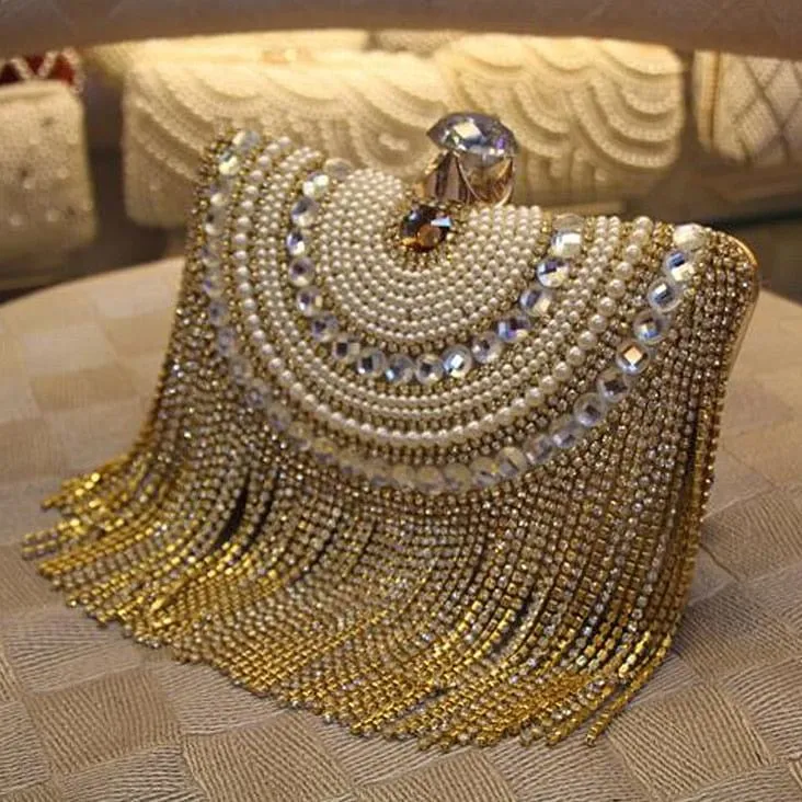Rhinestones Tassel Clutch Diamonds Beaded Metal Evening Bags Chain Shoulder Messenger Purse