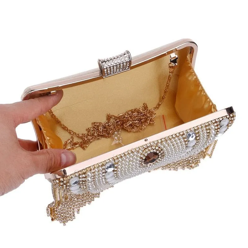 Rhinestones Tassel Clutch Diamonds Beaded Metal Evening Bags Chain Shoulder Messenger Purse
