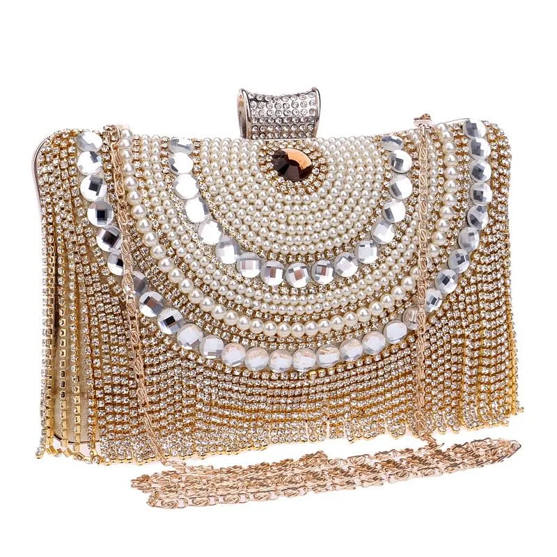 Rhinestones Tassel Clutch Diamonds Beaded Metal Evening Bags Chain Shoulder Messenger Purse