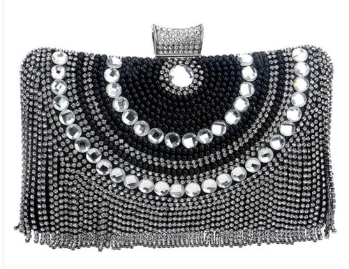 Rhinestones Tassel Clutch Diamonds Beaded Metal Evening Bags Chain Shoulder Messenger Purse