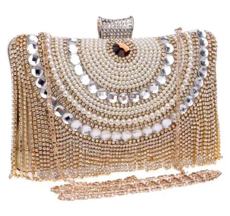 Rhinestones Tassel Clutch Diamonds Beaded Metal Evening Bags Chain Shoulder Messenger Purse