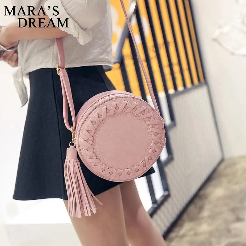 Round Tassel Bag Woven Crossbody Bags Shoulder Bag Ladies Cute Knitting Circular Women Messenger Bag