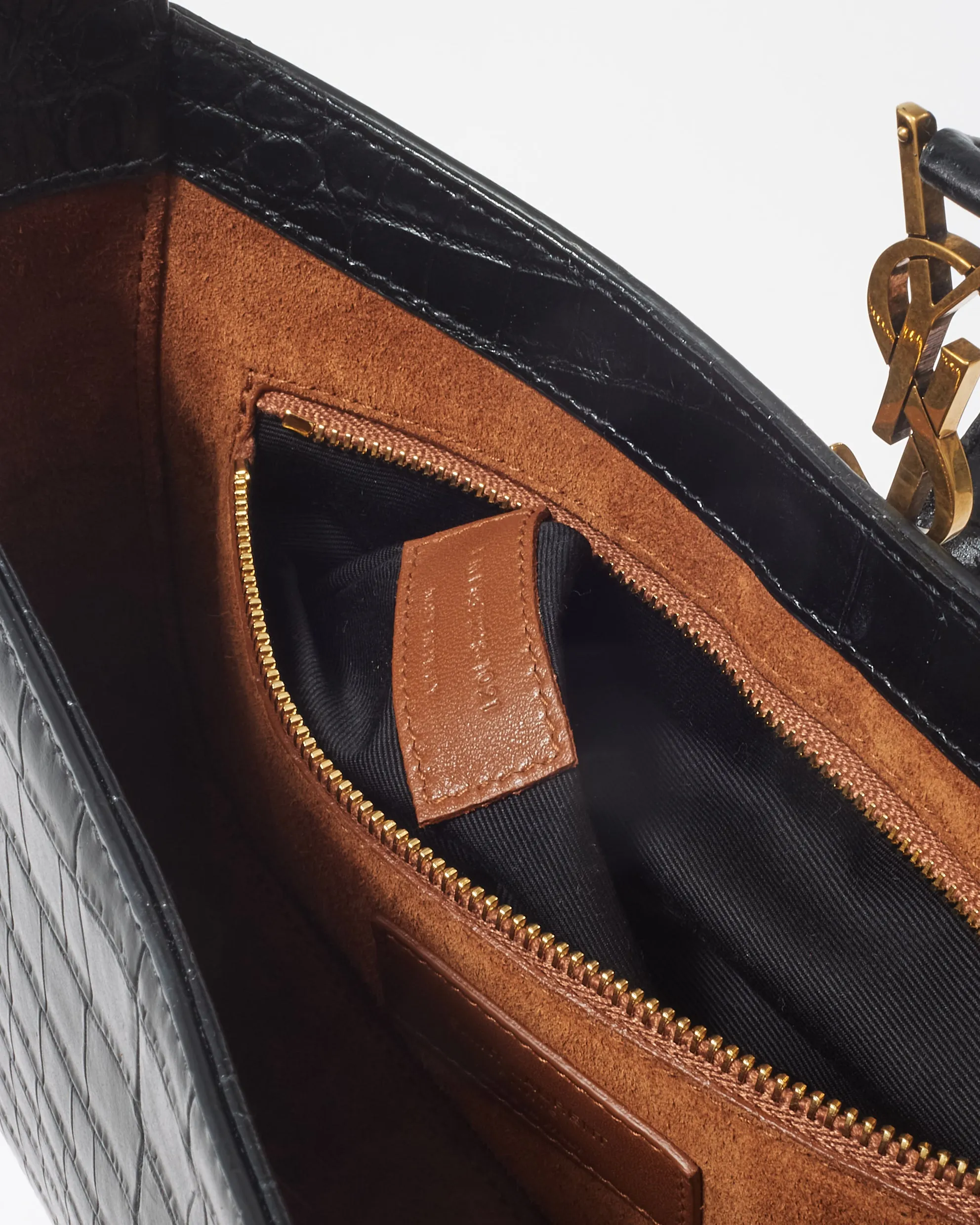 Saint Laurent Black Leather Croc Embossed 5 À 7 Shoulder Bag