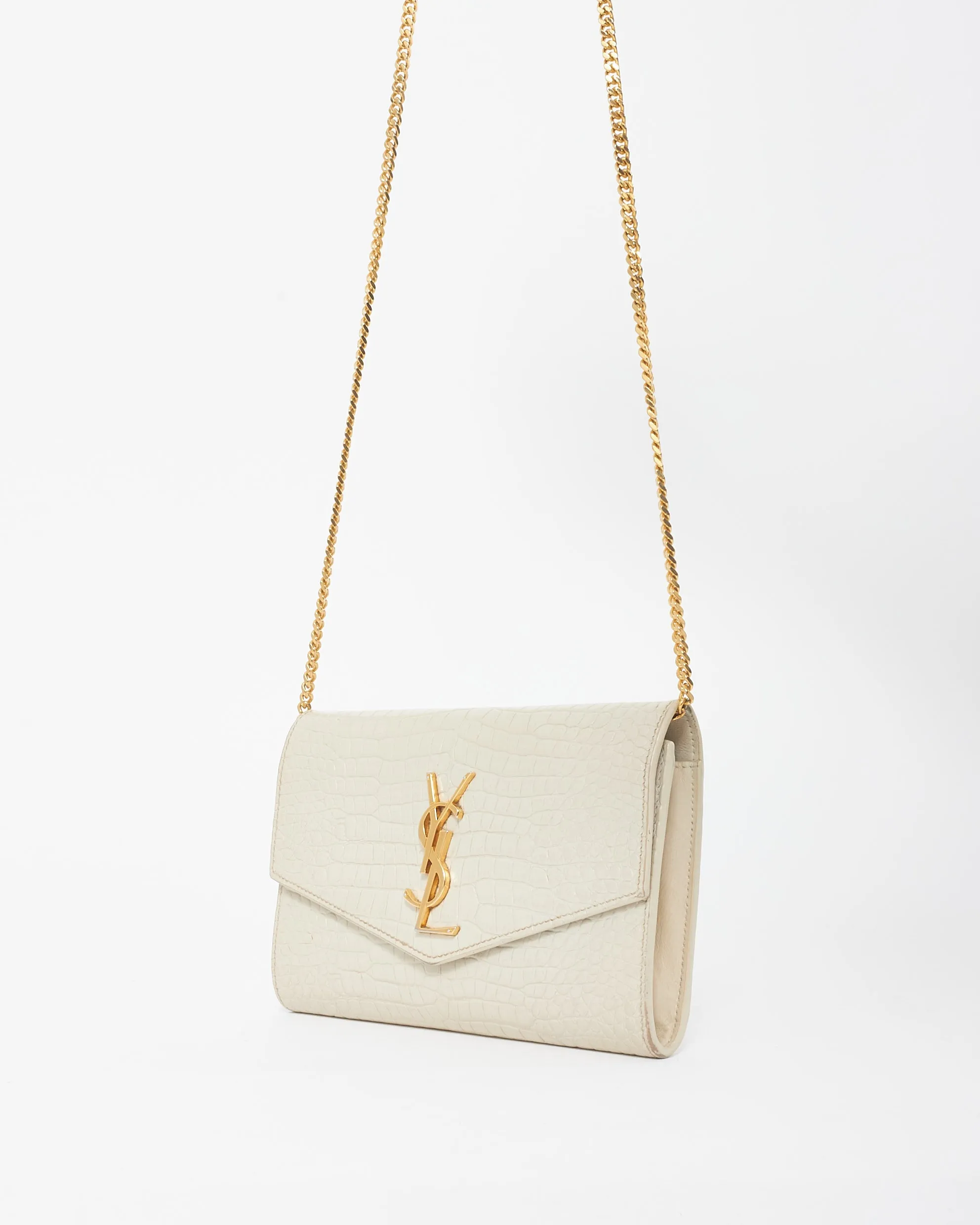 Saint Laurent Cream Croc Embossed Uptown Wallet On Chain