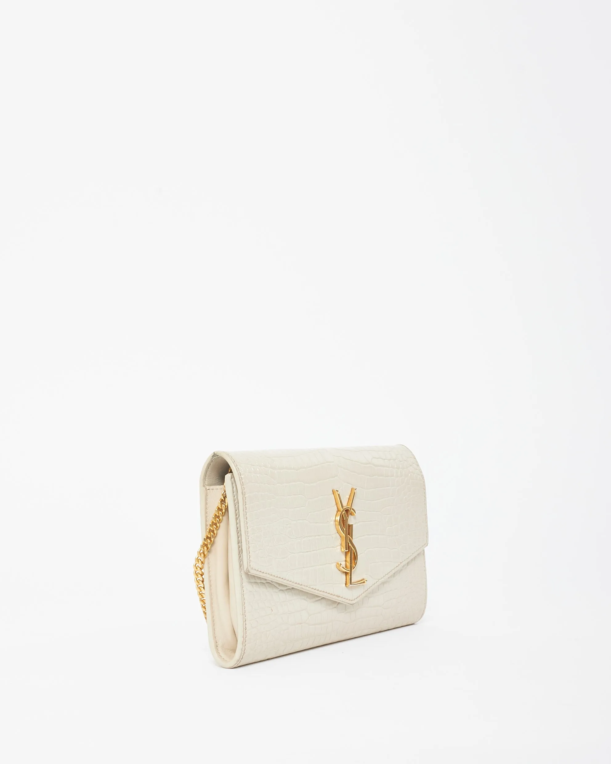 Saint Laurent Cream Croc Embossed Uptown Wallet On Chain