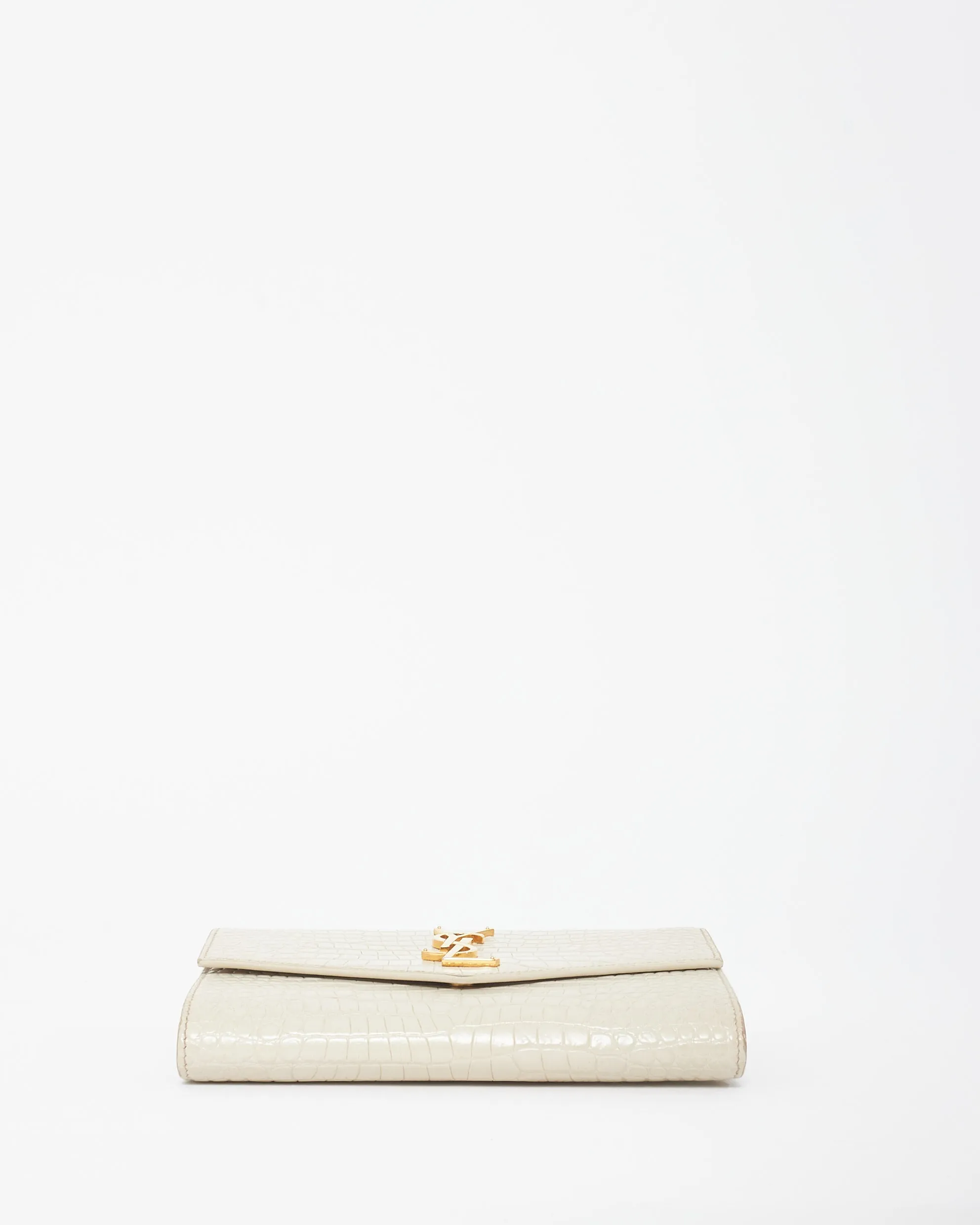Saint Laurent Cream Croc Embossed Uptown Wallet On Chain