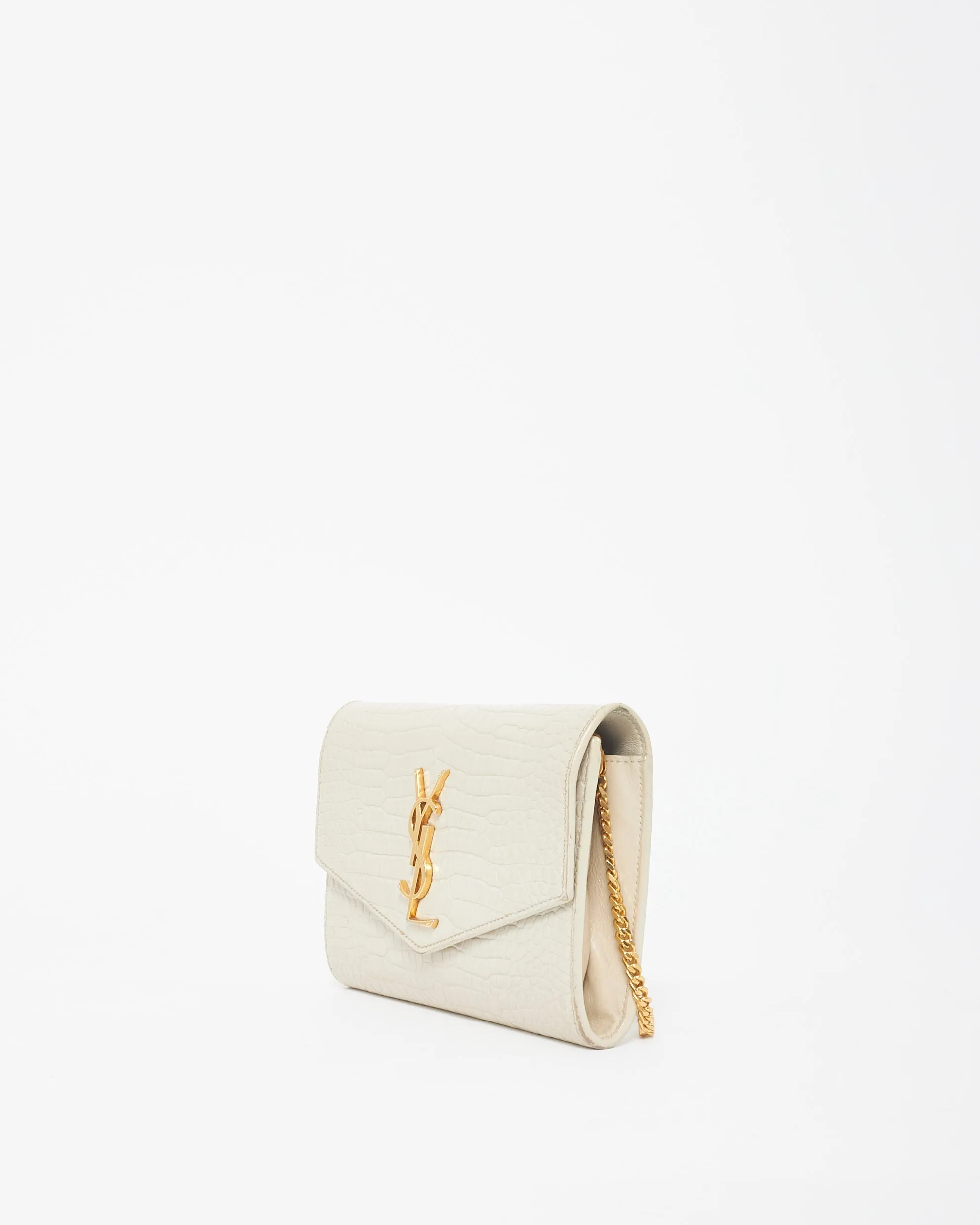 Saint Laurent Cream Croc Embossed Uptown Wallet On Chain