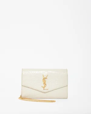 Saint Laurent Cream Croc Embossed Uptown Wallet On Chain