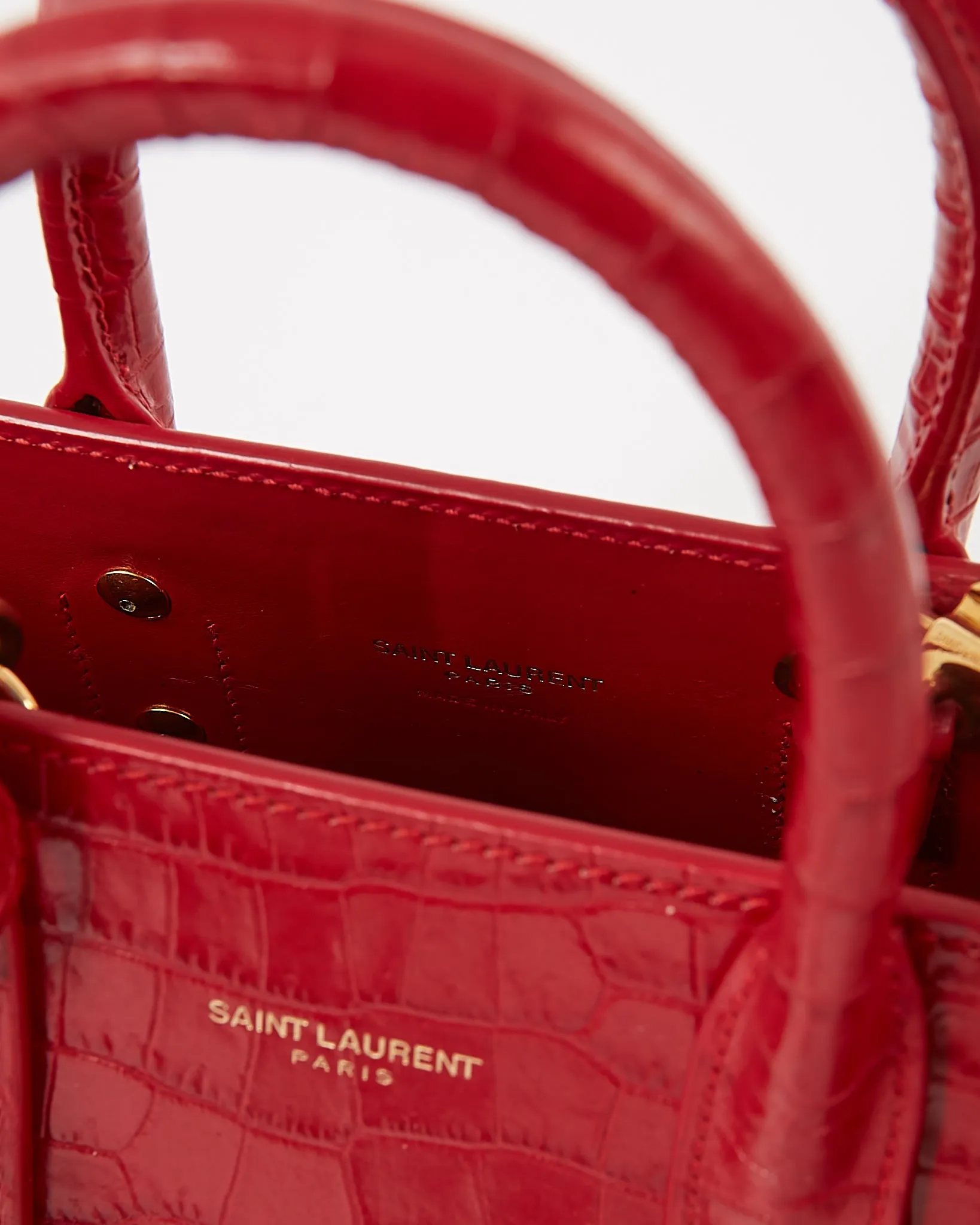 Saint Laurent Red Croc Embossed Nano Sac de Jour Bag