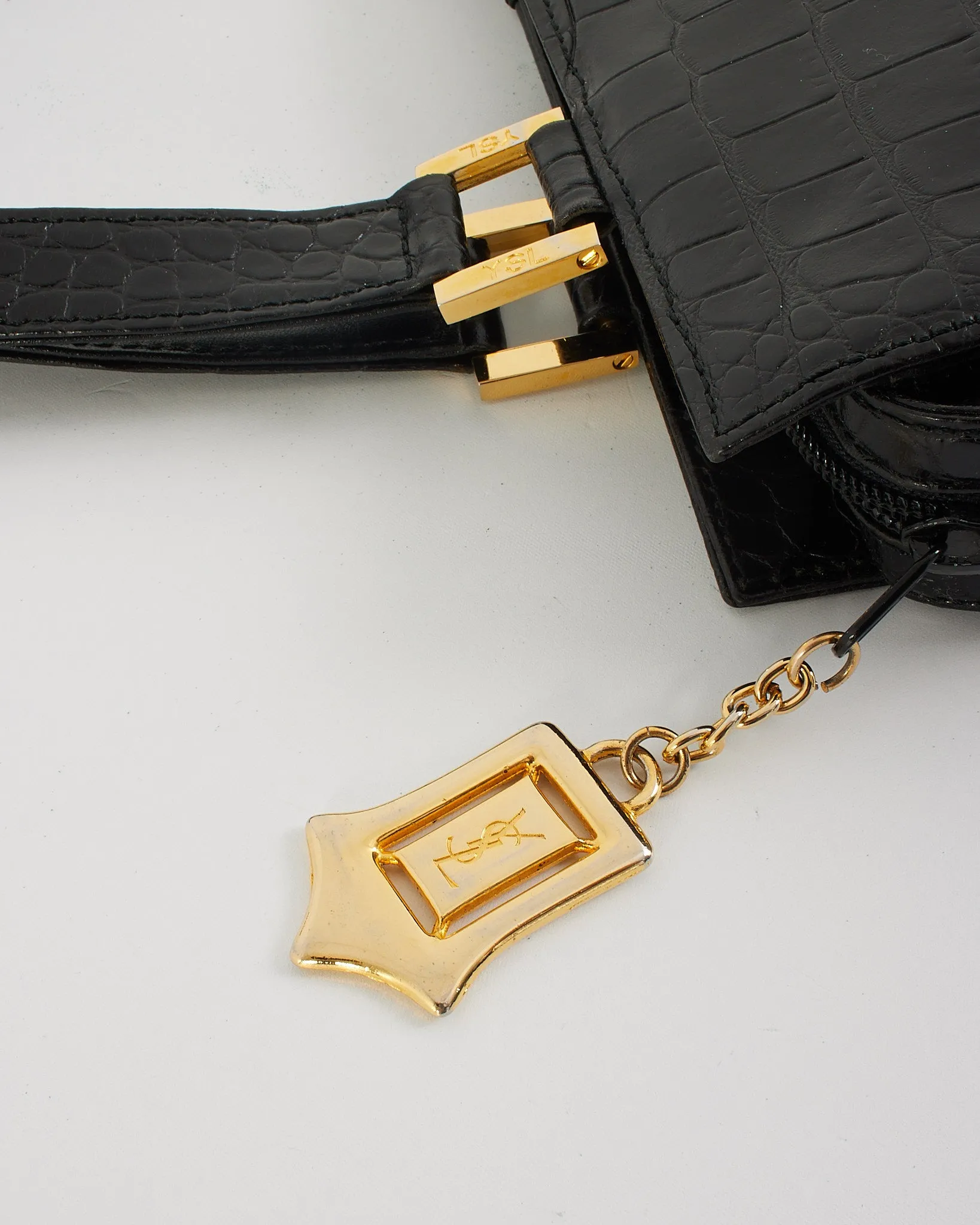 Saint Laurent Vintage Black Croc Embossed Leather Top Handle Bag