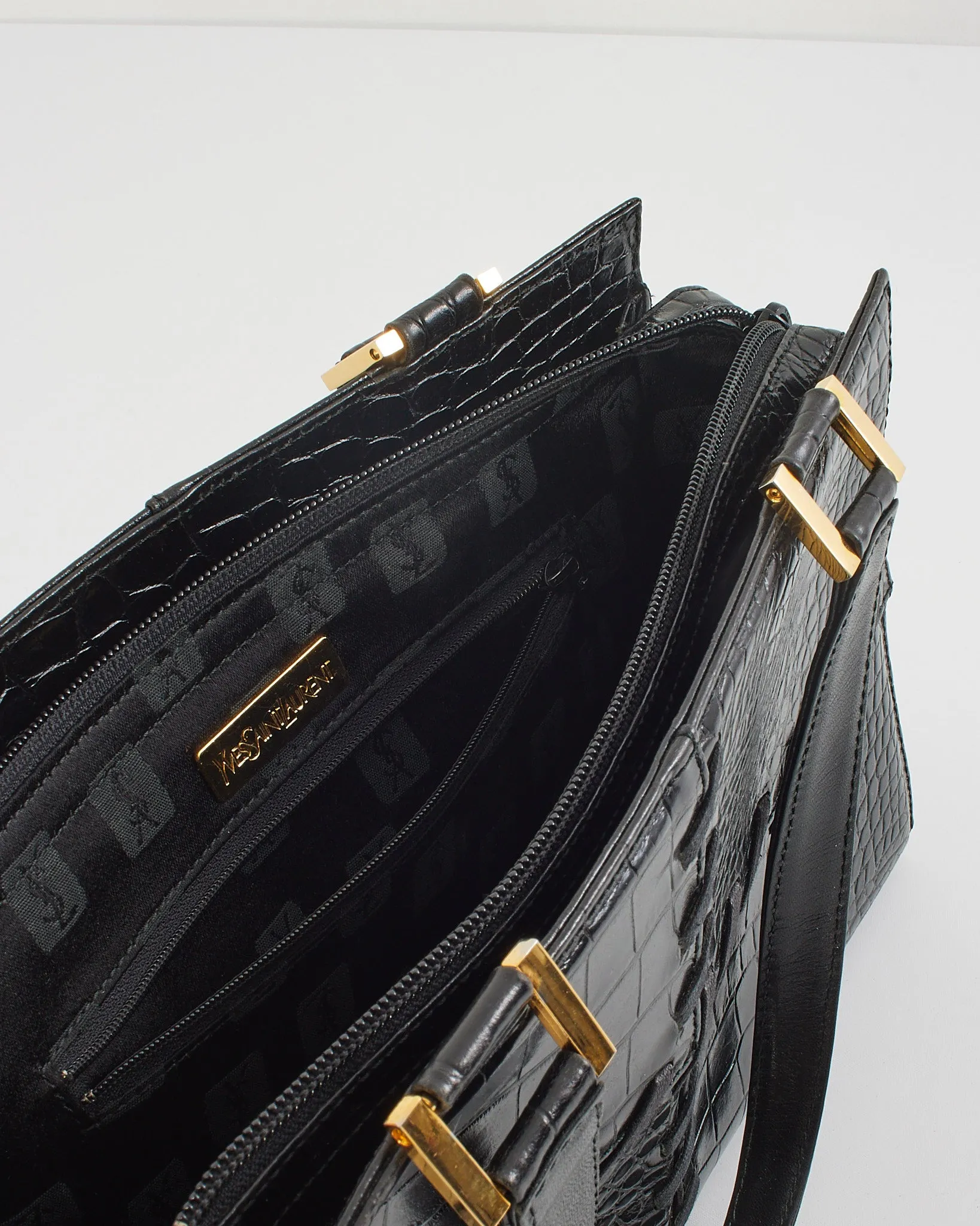 Saint Laurent Vintage Black Croc Embossed Leather Top Handle Bag