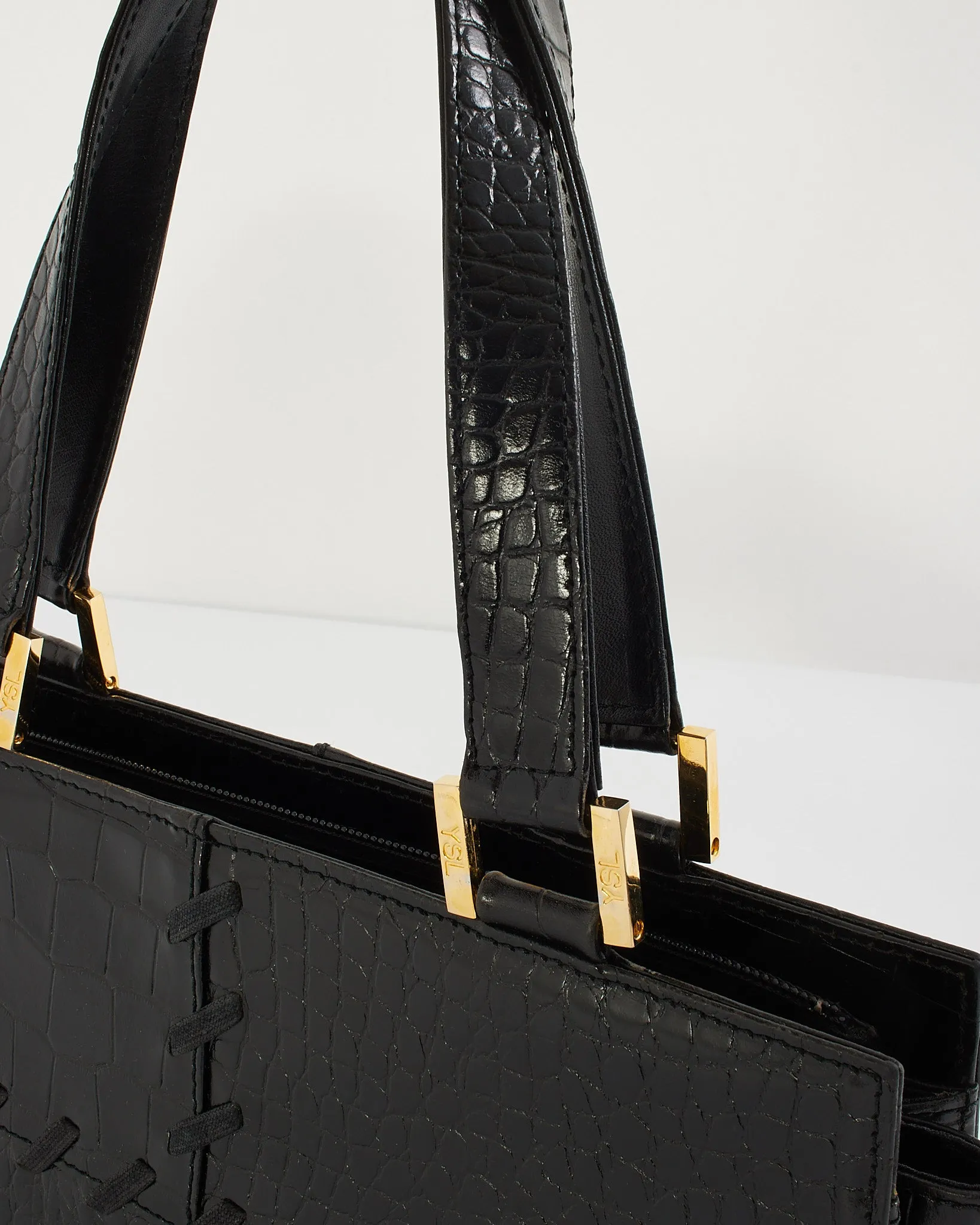 Saint Laurent Vintage Black Croc Embossed Leather Top Handle Bag