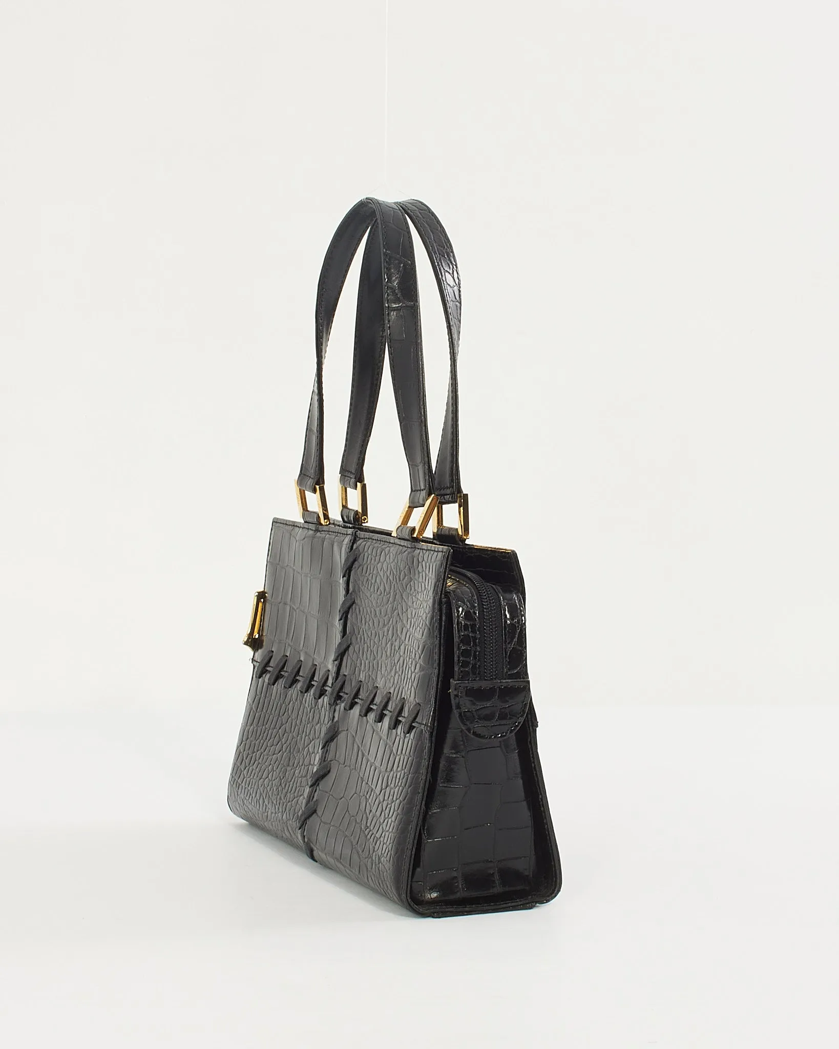 Saint Laurent Vintage Black Croc Embossed Leather Top Handle Bag