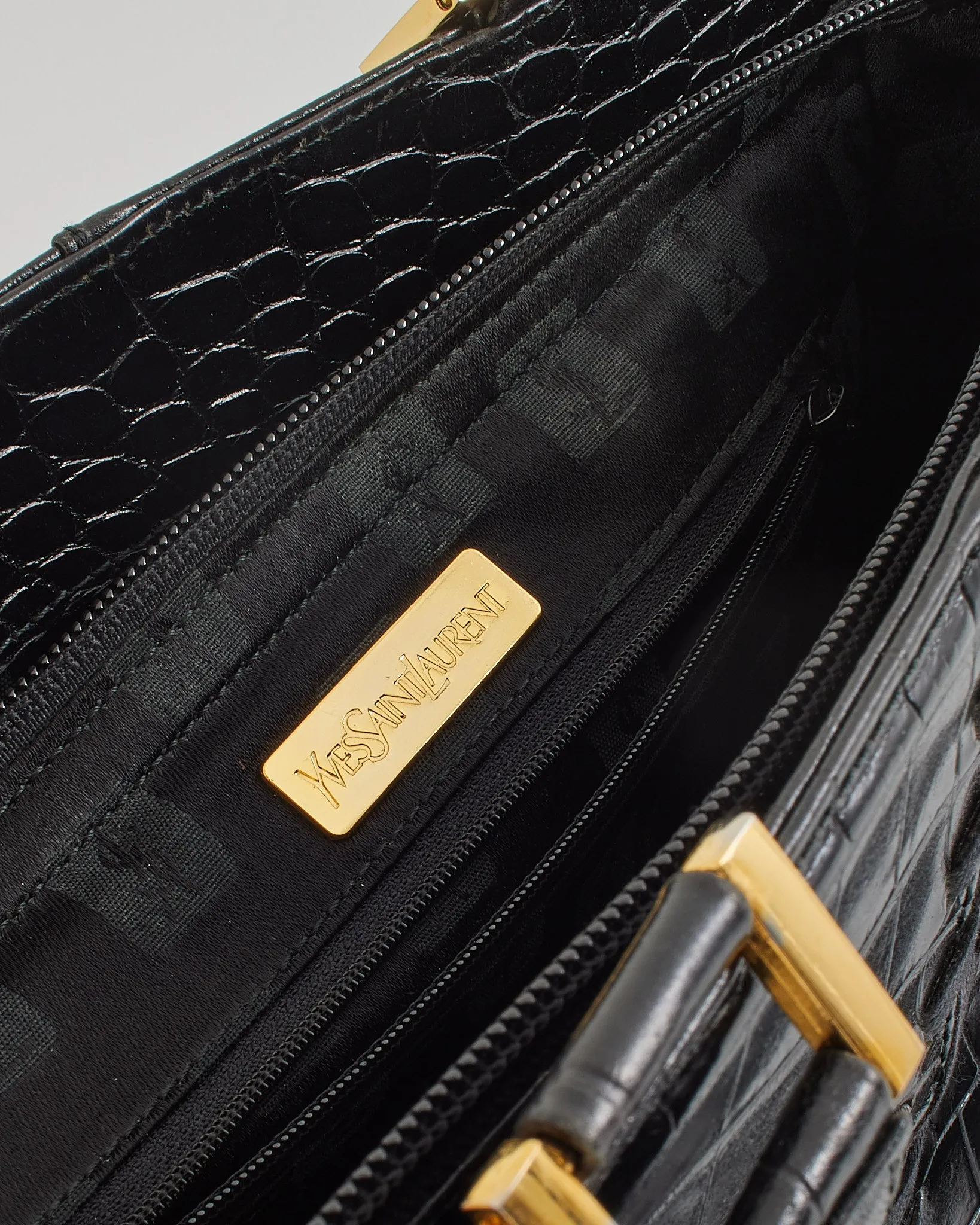 Saint Laurent Vintage Black Croc Embossed Leather Top Handle Bag