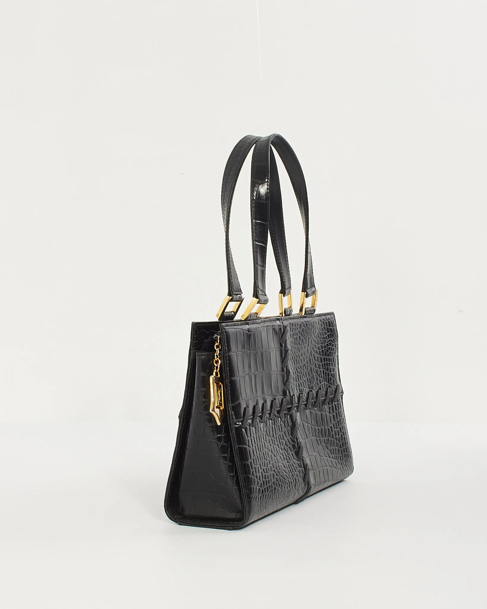 Saint Laurent Vintage Black Croc Embossed Leather Top Handle Bag