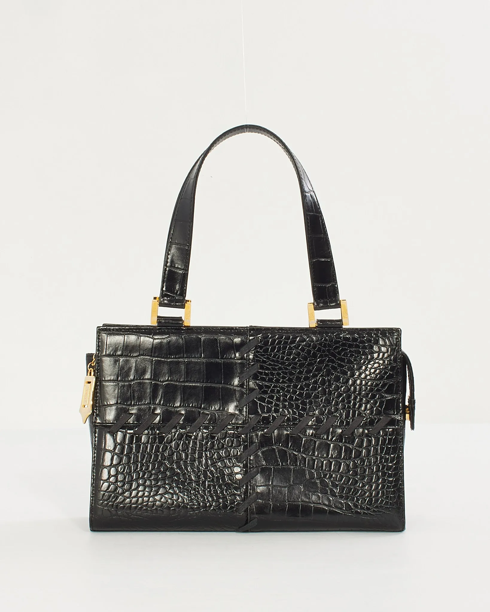 Saint Laurent Vintage Black Croc Embossed Leather Top Handle Bag