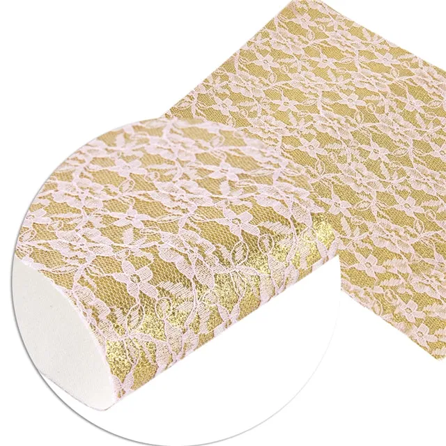 SALE Gold & Pink Lace Floral ~ Faux Leather Craft Fabric Sheets