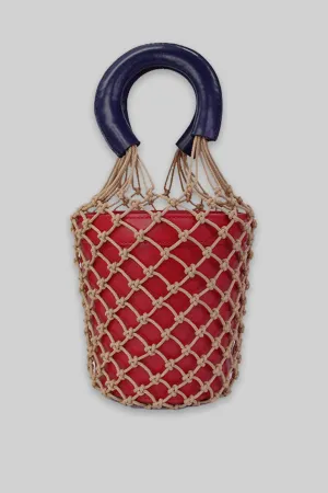 Staud Red and Navy Leather Handbag with Netting
