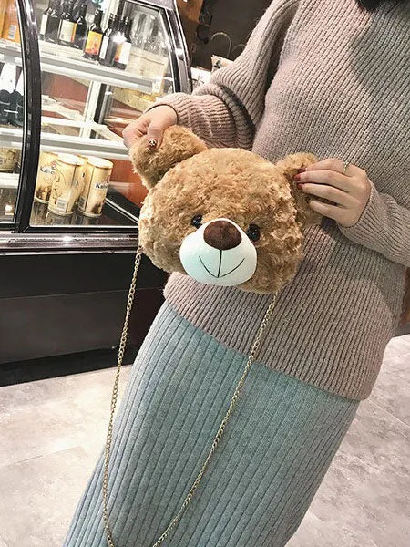 Sweet Lolita Bag Cute Bear Faux Fur Color Block Lolita Chain Bag