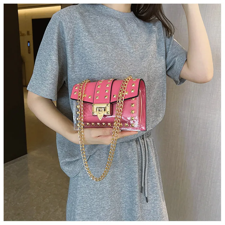 Transparent Rivet Bag Women2023New Women's Shoulder Messenger Bag Trendy Versatile Chain Bag Cross-Border Small Square Bag